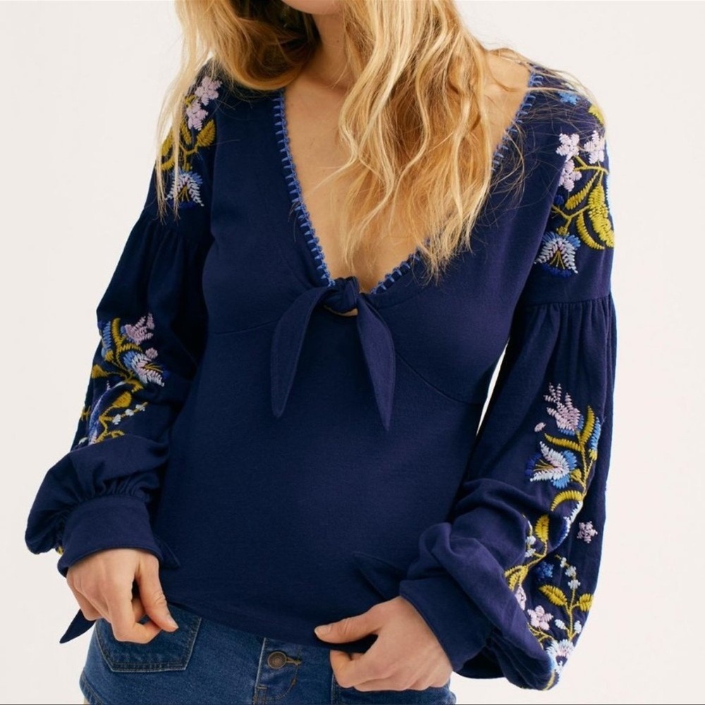 Free People Kara Embroidered Top 100% Cotton Medium Navy Blue Tie Front Boho